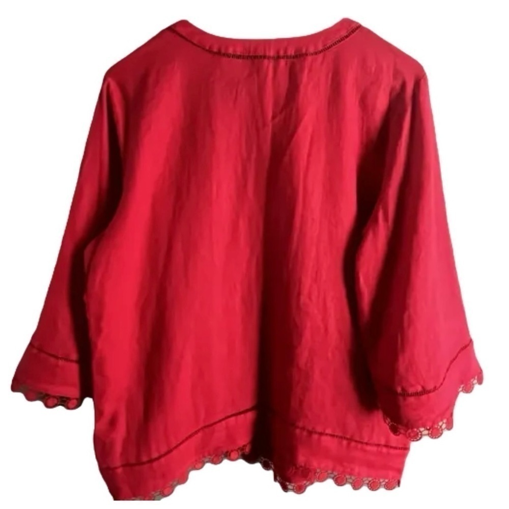 Lauren Ralph Lauren Linen Red V-Neck Peasant Top Embroidered Trim Sleeves Size M - Picture 3 of 8
